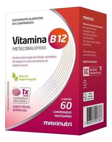 Imagem de Vitamina B12 Metilcobalamina Mastigáveis (60 Comp) Maxinutri Sabor Vegan Frutas vermelhas
