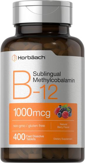 Imagem de Vitamina B12 Sublingual 1000 mcg  400 comprimidos de dissolvição rápida  Suplemento de metilcobalamina para adultos  Natural Berry Flavor  Vegan, Vegetariano, Não-OGM e sem glúten  por Horbaach