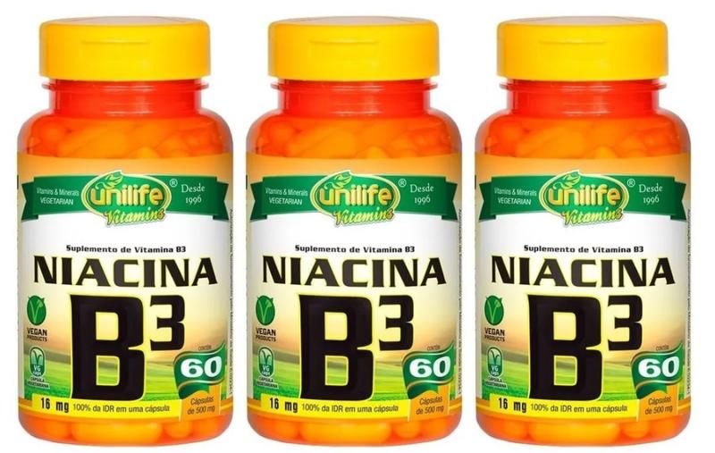 Imagem de Vitamina B3 Niacina 60 Cápsulas 500mg Unilife - Kit 3 unidades