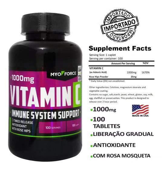 Imagem de Vitamina C 1000mg Rose Hips 100 Tablets Liberação Gradual  Myo Force