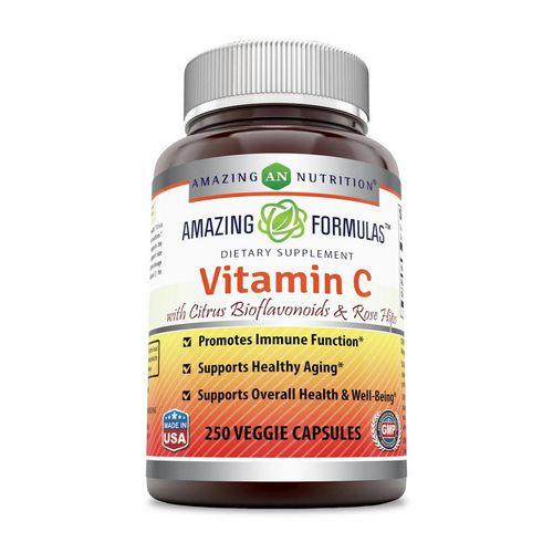 Imagem de Vitamina C (ácido ascórbico) da Amazing Formulas com rosa mosqueta e bioflavonóides cítricos 250 cápsulas vegetais da Amazing Nutrition (pacote com 4)