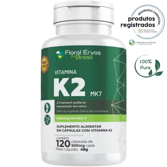 Imagem de Vitamina K2 MK7 Menaquinona-7 500mg Pura Concentrada 120Cáps Floral Ervas