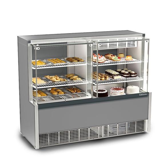 Imagem de Vitrine Quente/Fria Confeitaria c/ Evaporador GQEA-140R CC Tipo Inox Linha Aurora Gelopar Vidros Retos