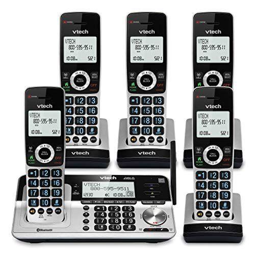 Imagem de VTech VS113-5 Extended Range 5 Telefone sem fio para casa com bloqueio de chamadas, conecte-se ao celular Bluetooth, tela retroiluminada de 2 ", botões grandes e sistema de atendimento, prata e preto
