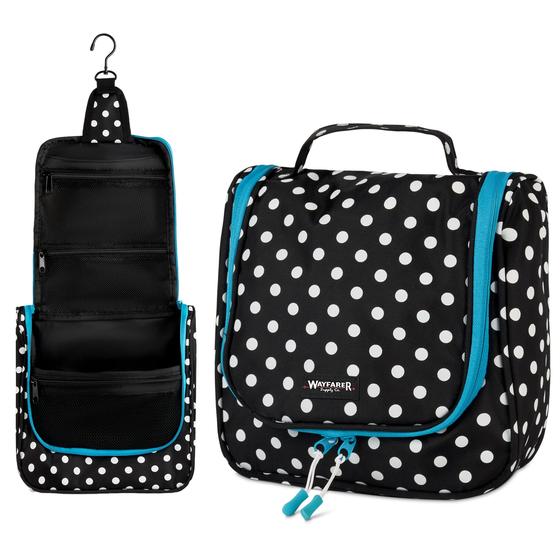 Imagem de Wayfarer Supply Saco de Higiene Pessoal de Viagem Suspenso - Grande Organizador de Sacos de Cosméticos para Produtos de Higiene Pessoal, Maquiagem e Barbear - Cruzeiros e Viagens Essenciais para Mulheres e Homens, Polka Dot Preto e Branco