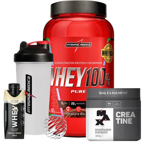 Imagem de Whey 100% Protein Concentrado 900g IM + Whey Shake 250ml - Dux + Creatina 300g Max + Coq - IM