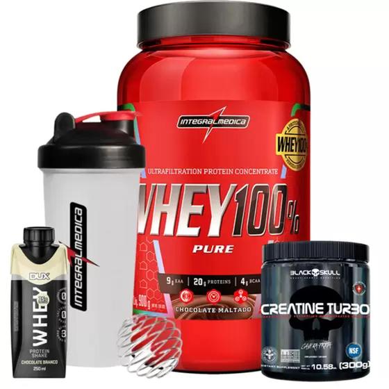 Imagem de Whey 100% Protein Concentrado 900g IM + Whey Shake 250ml Dux + Creatina Turbo 300g Black + Coq - IM