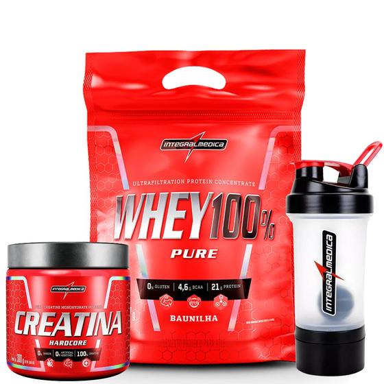 Imagem de Whey 100% Pure 900g Refil - Integralmedica + Creatina Hardcore 300g Integralmedica + Coqueteleira 2 doses 450 ml