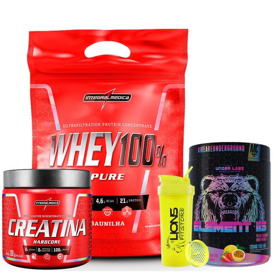 Imagem de Whey 100% Pure 900g Refil - Integralmedica + Pré Treino Element 115 Space Ice 400g Under Labz + Creatina 300 g + Coquete