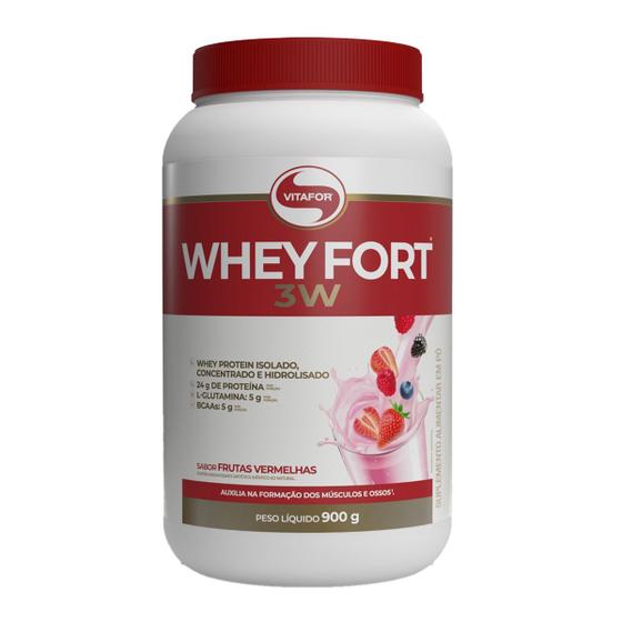 Imagem de Whey Fort 3W - Proteína Isolada, Concentrada e Hidrolisada - Sabor Frutas Vermelhas - 900g  Vitafor