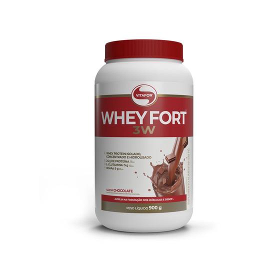 Whey Fort 3W Vitafor Chocolate 900g Menor preço em Whey Fort 3W Vitafor Chocolate 900g