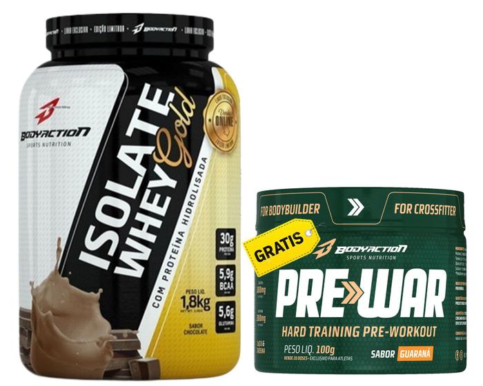 Whey Isolado Isolate Gold 1.8kg + Pré Treino Free Bodyaction Menor preço em Whey Isolado Isolate Gold 1.8kg + Pré Treino Free Bodyaction