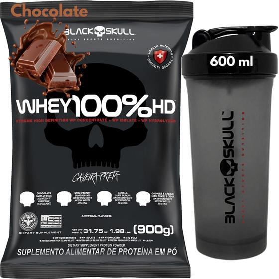 Imagem de Whey Protein 100% HD REFIL + Coqueteleira 600ml - Kit Black Skull Whey Isolado Concentrado Hidrolisado + Shakeira 600ml