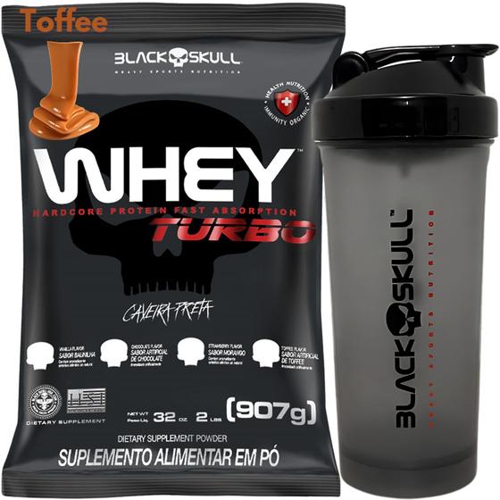 Imagem de Whey Protein Concentrado TURBO 907g + Coqueteleira Fumê 600ml - Kit Black Skull Whey Para Ganho de Massa Muscular +Shakeira600ml