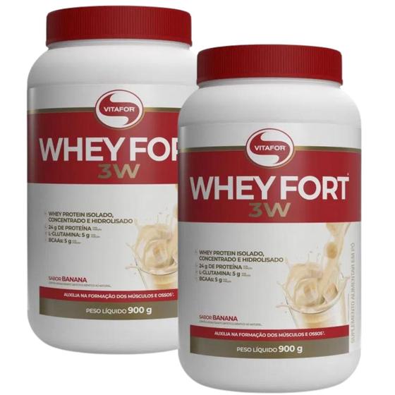 Imagem de Whey Protein Isolado Whey Fort Vitafor 2X Sabor Banana Concentrado Hidrolisado 900g L-Glutamina BCAA Suplemento Alimenta