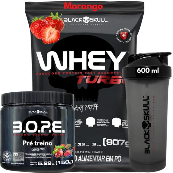 Imagem de Whey Protein TURBO Concentrado + Pré-treino Bope + Coqueteleira 600ml - Kit Black Skull - Ganho de Massa Muscular - Energia