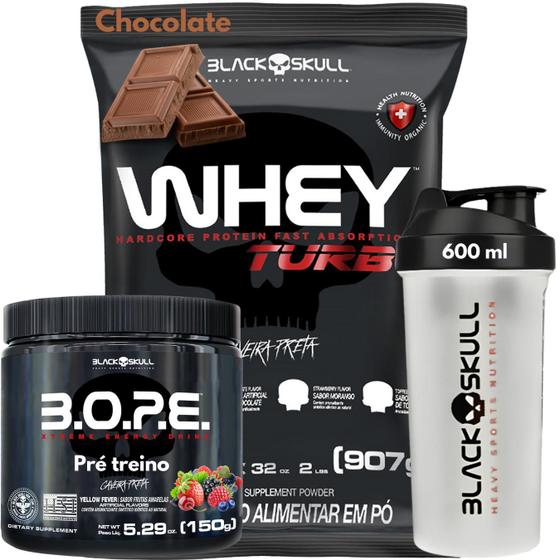 Imagem de Whey Protein TURBO Concentrado + Pré-treino Bope + Coqueteleira 600ml - Kit Black Skull - Ganho de Massa Muscular - Energia