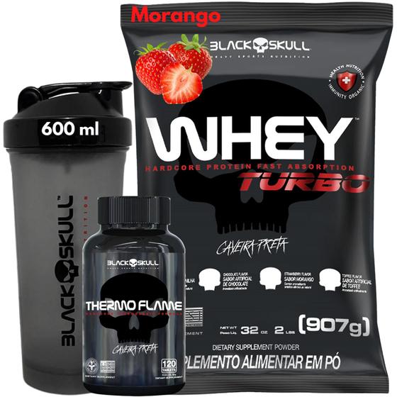 Imagem de Whey Protein TURBO Concentrado + Termogênico Thermo Flame 120 Tabletes + Coqueteleira - Kit Black Skull Cafeína - Ganho de muscular - Shakeira