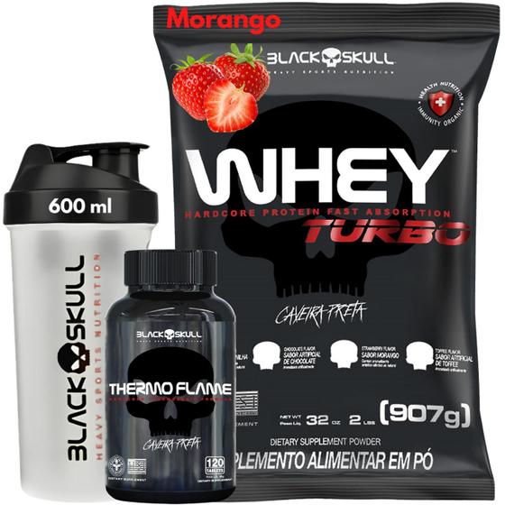 Imagem de Whey Protein TURBO Concentrado + Termogênico Thermo Flame 120 Tabletes + Coqueteleira - Kit Black Skull Cafeína - Ganho de muscular - Shakeira