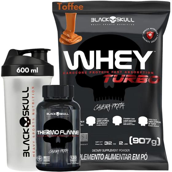 Imagem de Whey Protein TURBO Concentrado + Termogênico Thermo Flame 120 Tabletes + Coqueteleira - Kit Black Skull Cafeína - Ganho de muscular - Shakeira