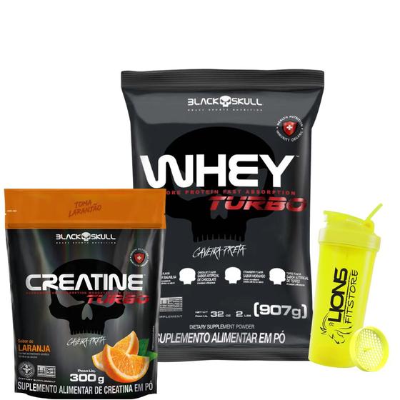 Imagem de Whey Turbo 900g Black Skull + Creatina Turbo Refil 300g Laranja + Coqueteleira 700ml Personalizada Cor Sortida