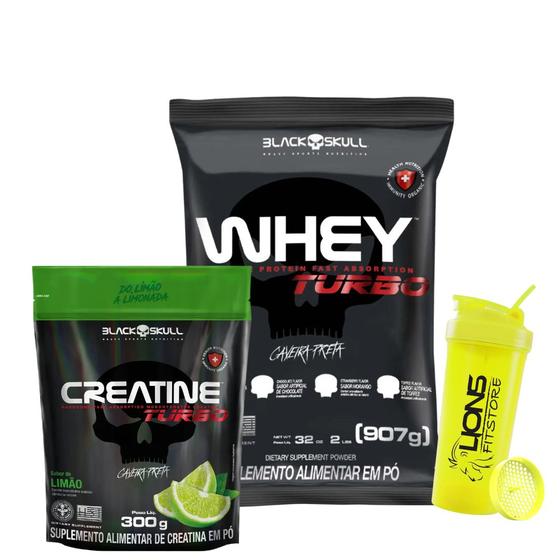 Imagem de Whey Turbo 900g Black Skull + Creatina Turbo Refil 300g Limão + Coqueteleira 700ml Personalizada Cor Sortida