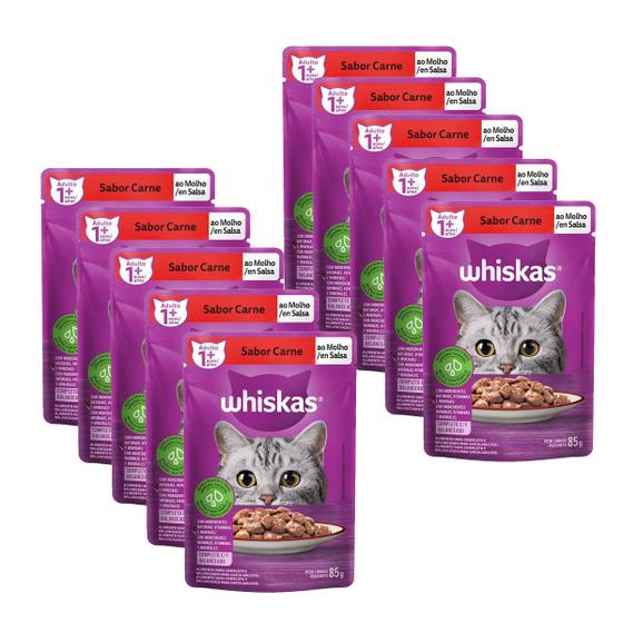 Imagem de Whiskas Sache Gatos Adultos Sabor Carne 85g 10 unid Ração Úmida