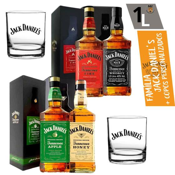 Imagem de Whisky Jack Daniel's Honey + Fire + No7 + Maça Original Com Caixa 1000 Ml + 2 Copos Personalizado