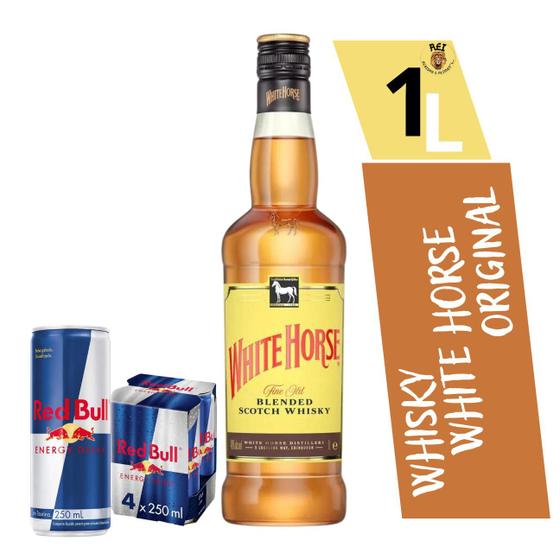 Whisky White Horse Cavalo Branco Original 1000 Ml Combo + 4 Red Bull