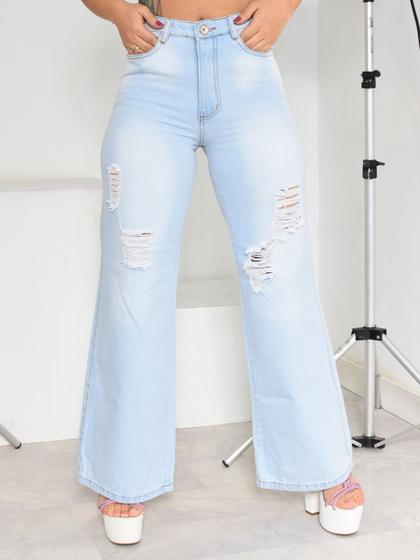 Imagem de Wide Leg Jeans Pantalona Feminina Calça Cintura Alta Premium Clara rasgada