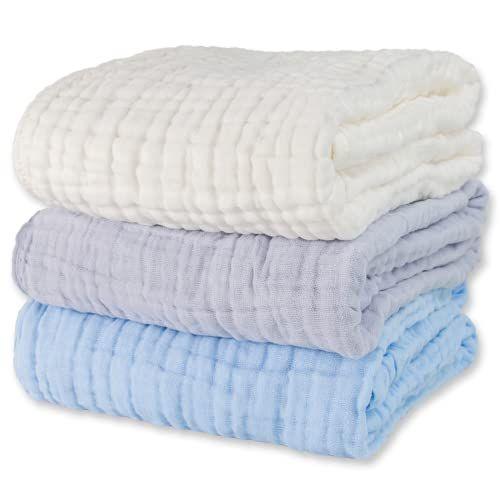 Imagem de WinReal Muslin Baby Bath Towels Set 3 Pack Ultra Soft and Absorbent Baby Towels Infant Toddler Muslin Toalha de 6 camadas de algodão natural adequada para o menino 40x40 polegadas (branco e azul e cinza)