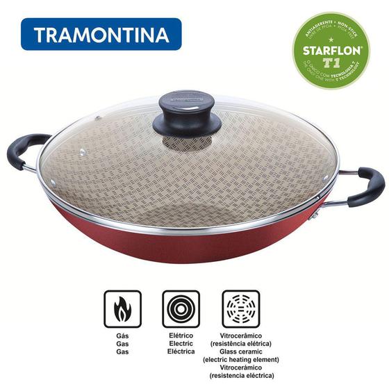 Imagem de Wok Tramontina 36cm Paris 6,0L Antiaderente Starflon Max com Tampa de Vidro