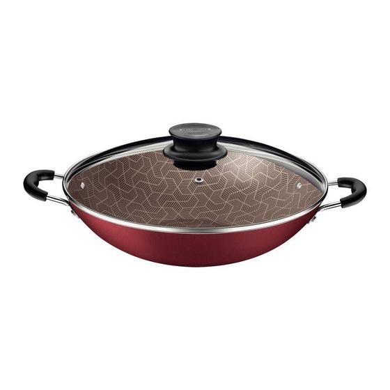 Imagem de Wok tramontina paris em alumínio com revestimento interno e externo em antiaderente starflon max vermelho com tampa de vidro 32 cm 4,4 l