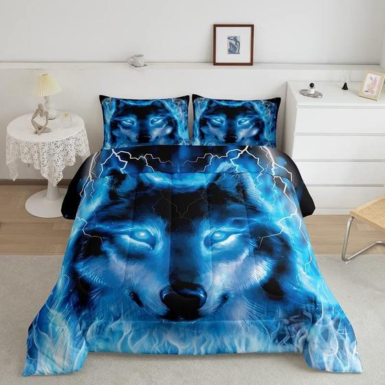 Imagem de Wolf Bedding Set Safari Animal Pattern Comforter Cool Wildlife Style Comforter Set for Boys Girls Kids Room Decor Glitter Blue Wild Wolf Lightweight Duvet Set Full Size with 2 Pillow Case