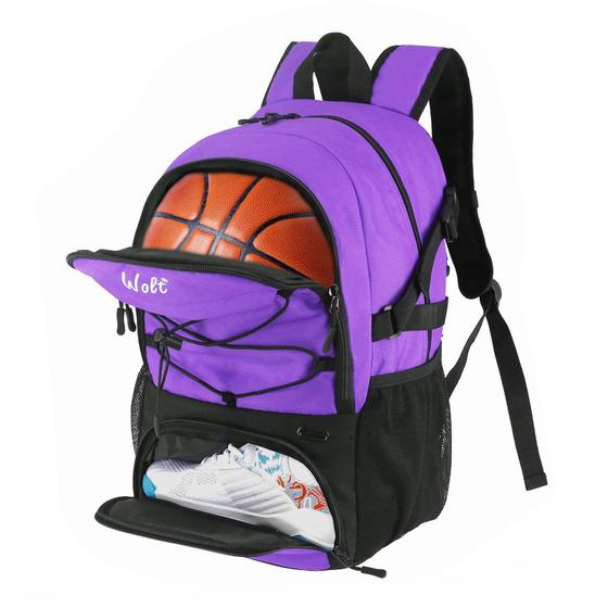 Imagem de WOLT  Mochila de basquete, bolsa esportiva grande com porta-bolas e compartimento para sapatos separados, ideal para basquete, futebol, voleibol, natação, academia e viagens (roxa)