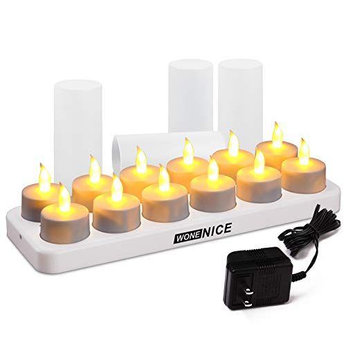 Imagem de WoneNice Luzes de Chá Recarregáveis Piscando Velas à luz de chá com base de carregamento e adaptador AC, como velas reais, sem baterias necessárias, romântico para festas, eventos, casamentos, sala de estar e banho