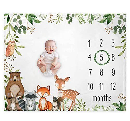 Imagem de Woodland Baby Monthly Milestone Blanket, Woodland Animals Baby Growth Chart Monthly Blanket, Watch Me Grow Baby Woodland Forest Nursery for New Moms Baby Shower, inclui marcador (50"x40")