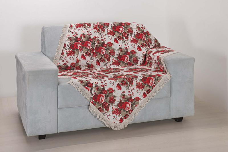 Imagem de Xale de Sofá Decoração Sala Tecido Jacquard 2,90 X 1,50 Vermelho Flor