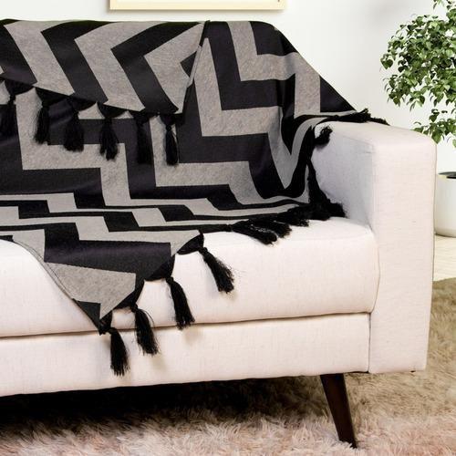 Imagem de Xale Manta Sofá Jacquard Geometrico 1,80 x 1,40m - Chevron Preto Off