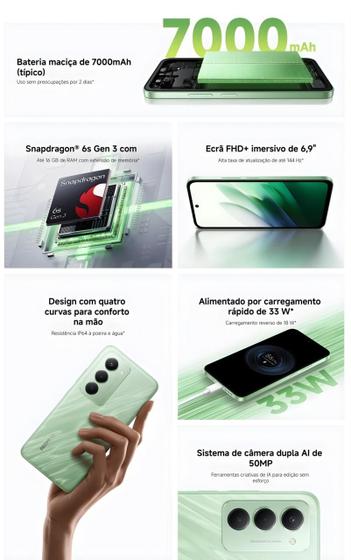 Infográfico destacando especificações do Redmi 15 como bateria de 7000mAh, processador Snapdragon e tela de 144Hz