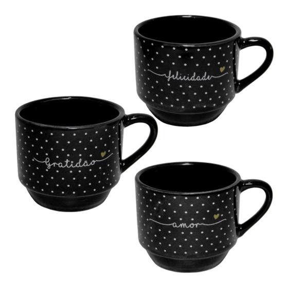 Imagem de Xícara / caneca de chá de porcelana decorada com palavras empilhavel individual 200ml para cozinha