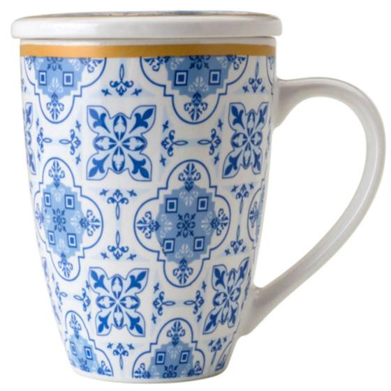 Imagem de Xícara Caneca de Porcelana para Chá 310ml com Tampa e Infusor Inox Lisboa Lyor Azul