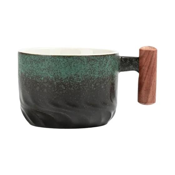 Imagem de Xícara De Café De Cerâmica Retrô Com Esmalte De Gradiente De Cor Sólida E Alça De Madeira Para