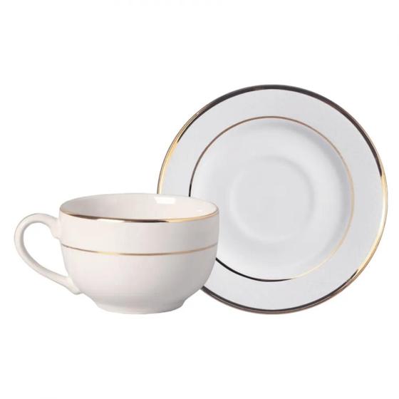 Imagem de Xicara de Chá Café Com Pires 250ml Cerâmica Relevo Gold Filete Ouro Alleanza
