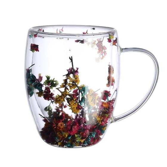 Imagem de Xícara De Vidro De Parede Dupla Com Flor Seca Copo Flores Secas Caneca