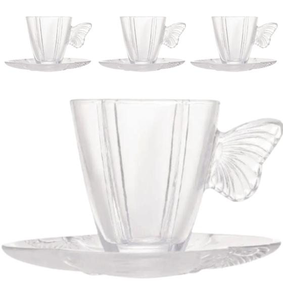 Imagem de Xícara para Chá de Vidro com Pires Butterfly 180ml 4un Wolff