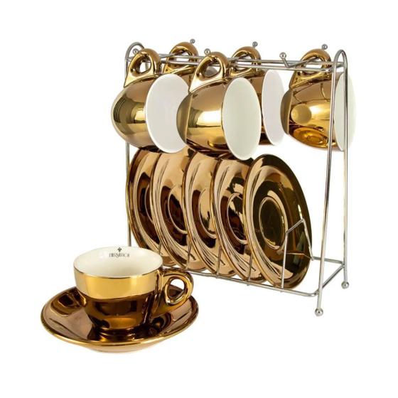 Imagem de Xícaras para Café Porcelana Dourada Crominno 80ml 6un com Rack 