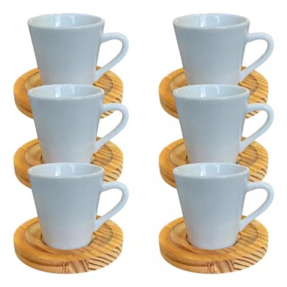 xicaras Porcelana Branca com Pires de Madeira Kit 12 Peças Tamanho ...