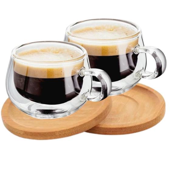 Imagem de Xicaras Vidro Duplo Com Pires Caneca Parede Dupla 2un 150ml