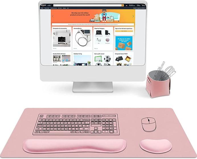 Imagem de XXL Mouse Pad e Descanso de Pulso em PU Espuma de Memória de Couro 80x40cm Acessórios antiderrapantes com caixa de armazenamento de escritório - Rosa